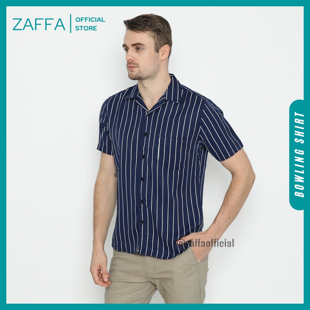 Zaffa Kemeja Salur Pria Lengan Pendek  Kerah Pantai Katun Motif Stripe Garis Navy Unisex Z-1002