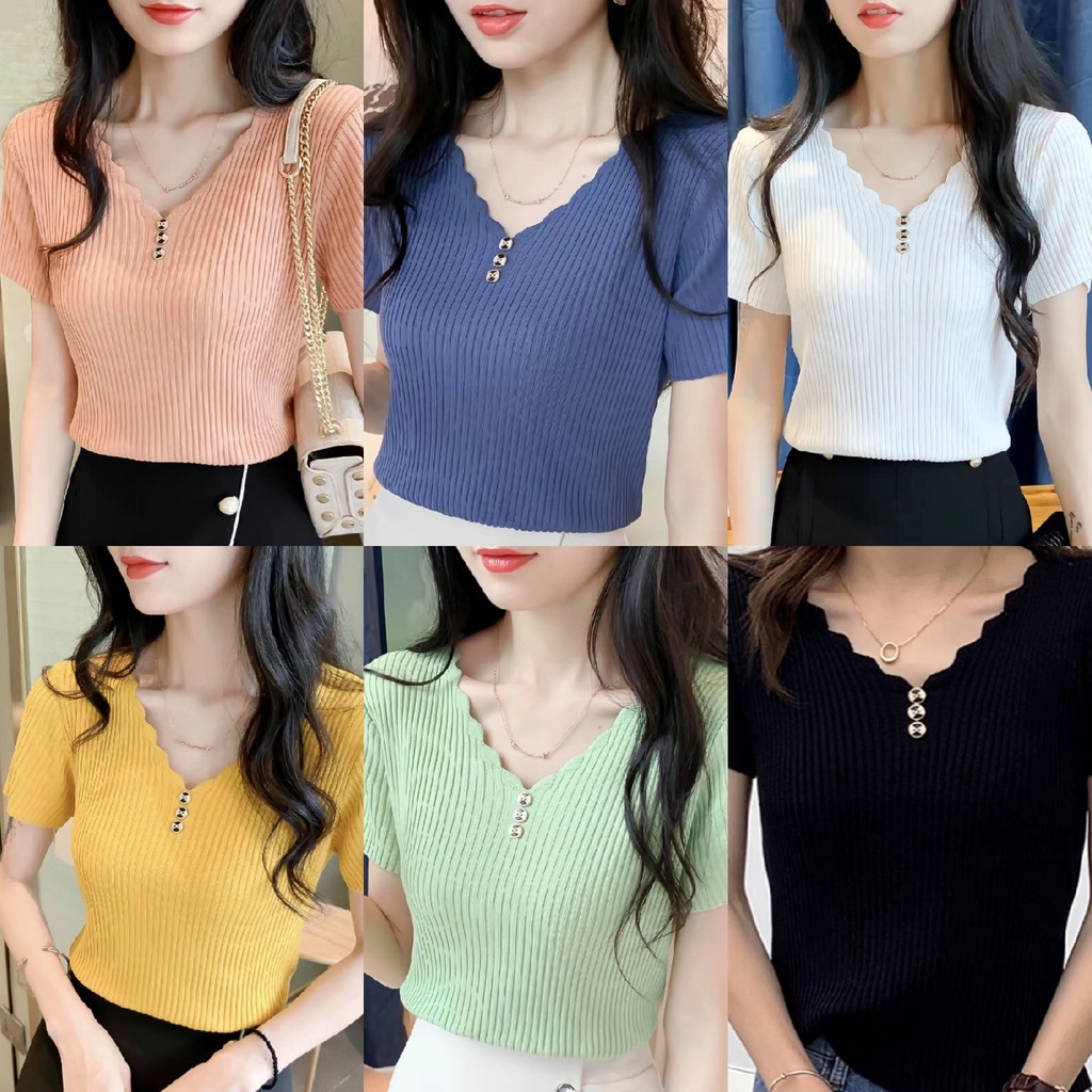 ATASAN RAJUT WANITA V NECK/Baju Rajut turtleneck Wanita/Kaos Import V Neck  Wanita Lengan pendek