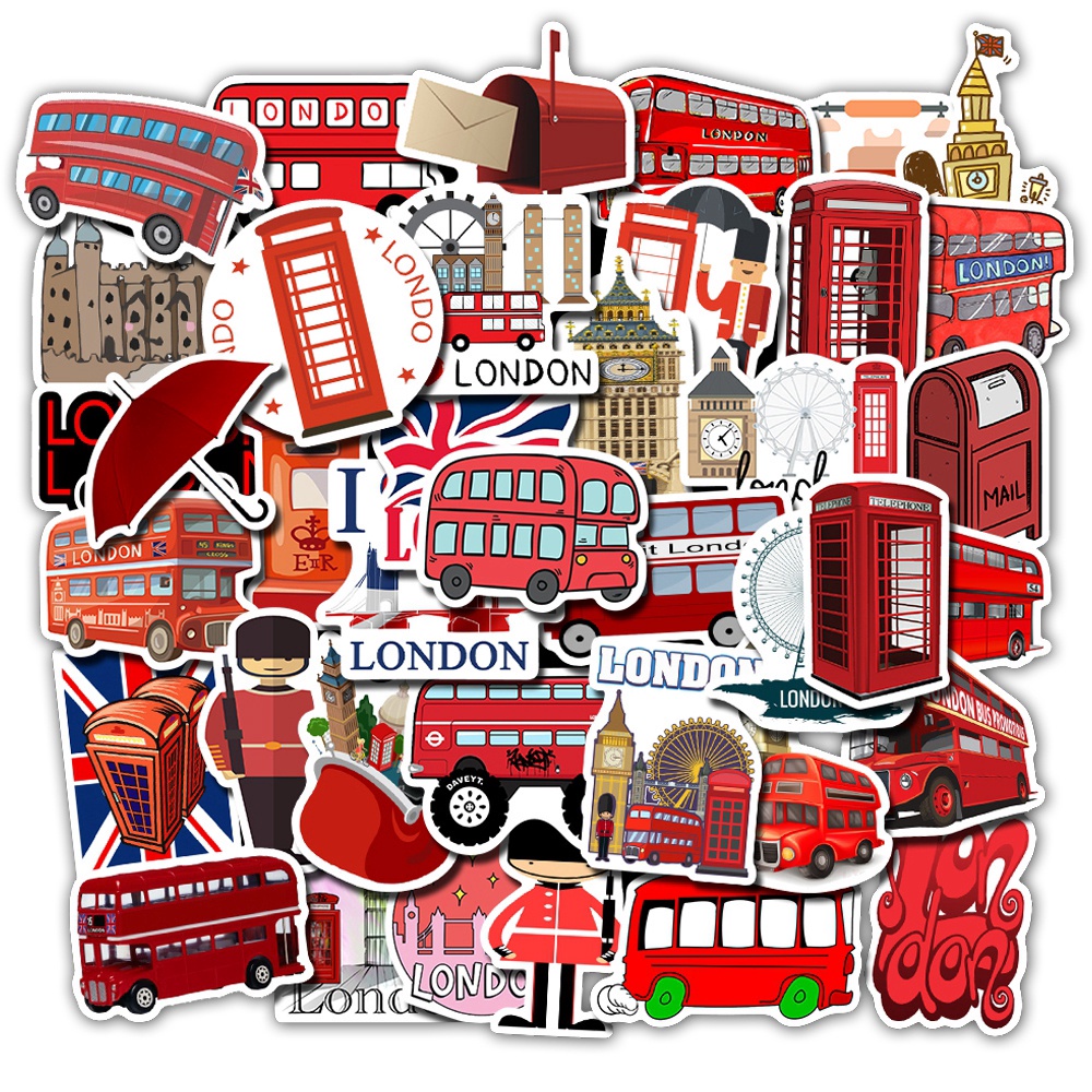 50Pcs London Red Bus Stickers For DIY Luggage Phone Laptop Graffiti Stickers pvc Waterproof sticker