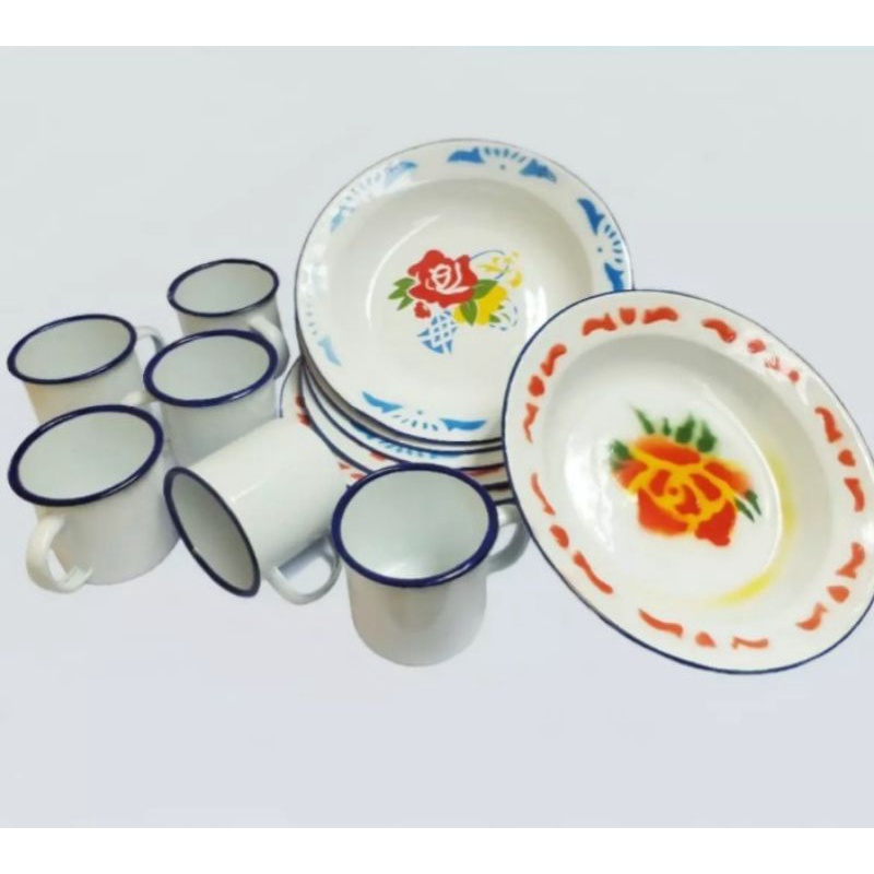 PAKET 6PCS PIRING & 6PCS CANGKIR ENAMEL SENG JADUL ALAT MAKAN SET GELAS TEH KOPI LUCU