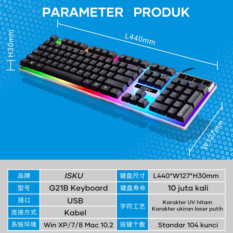 ISKU G21B Keyboard Standar 104 kunci nuansa mekanis Karakter tahan aus HD Efektif meningkatkan efisiensi kerja Bermain game dan pekerjaan kantor Nyaman dan mudah dioperasikan 100% Original