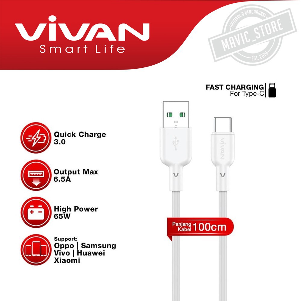 Kabel Data Flash Fast Charging VIVAN VQC100 Type-C 6.5A 100cm Data Cable  - White