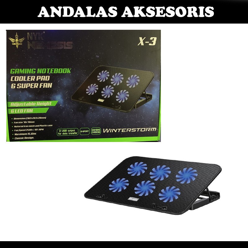 FAN COOLER COOLINGPAD COOLING PAD KIPAS PENDINGIN GAMING GAME LAPTOP NYK NEMESIS X3 6 FAB LED RGB LAMPU BLUE