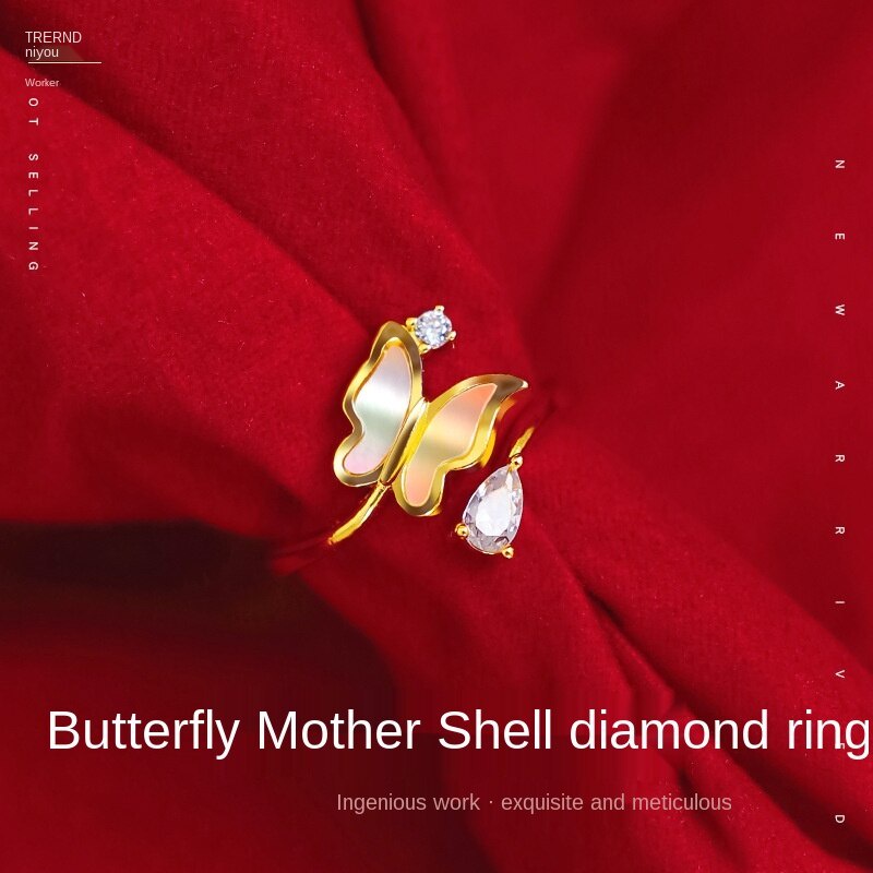 Cincin Lapis Emas Asli Kadar 375 Model Terbuka Desain Kupu-Kupu Gaya Korea Untuk Wanita Butterfly
