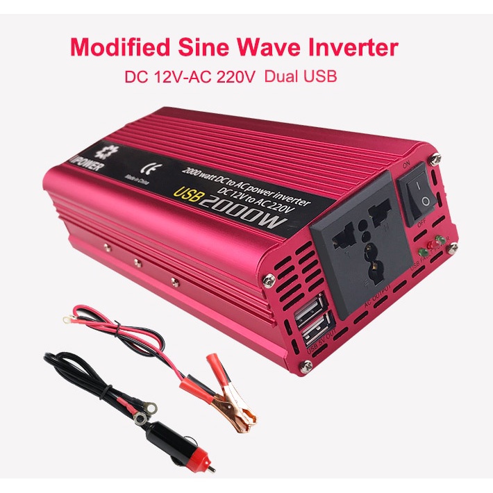 Car Power Inverter DC 12V to AC 220V 2000W with 2 USB Port - DX-GAX2000W - Red