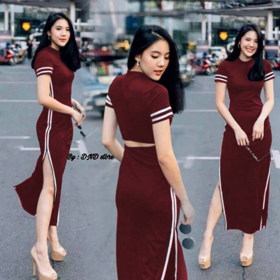 Baju Maxi Dress Bodycon Scuba Linen Maroon