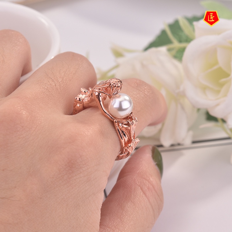 [Ready Stock]Creative Mermaid White Pearl Ring 18K Rose Gold