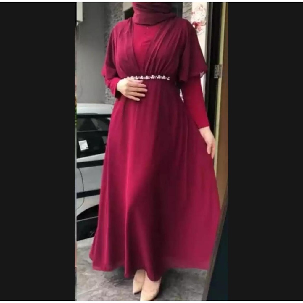 621# maxi dress fashion muslim-Maroon