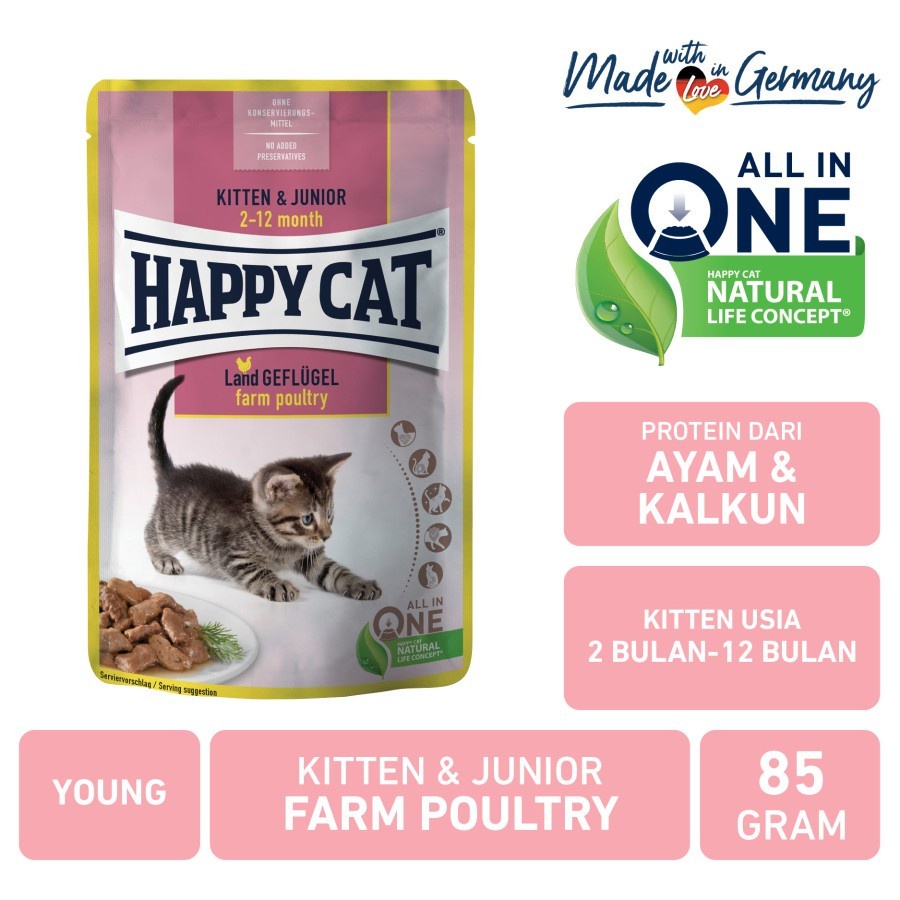 Happy Cat Young Kitten &amp; Junior Farm Poultry 85gr Makanan Anak Kucing