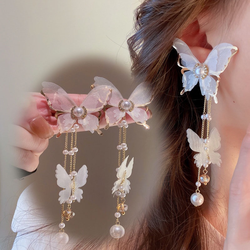 Anting Gantung Panjang Model Kupu-Kupu Dengan Kristal + Mutiara Untuk Wanita Butterfly