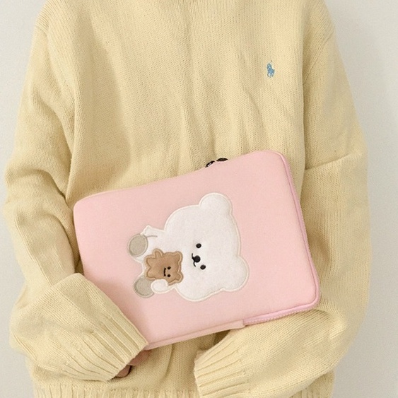 Sleeve Pouch Sarung Tas Bag Case Ipad Tab Tablet Macbook Air Pro Laptop Asus Acer Lenovo HP Huawei 11 12 13 14 15 inch Motif Gambar Beruang Bear Warna Pink Soft Lucu Cute Murah Korean Model