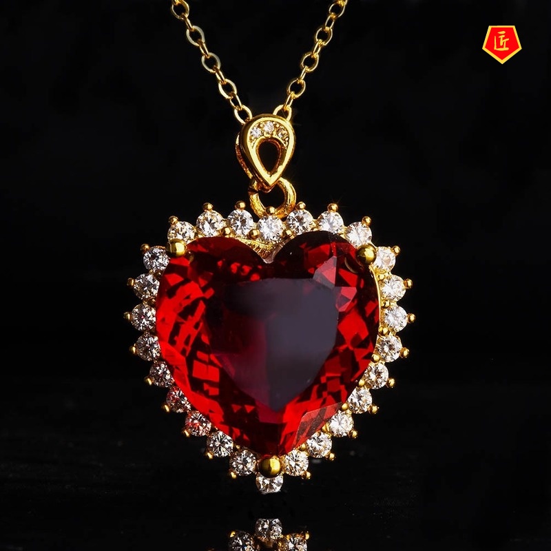 [Ready Stock]18K Gold Heart-Shaped Gemstone Necklace for Women Elegant Fashion