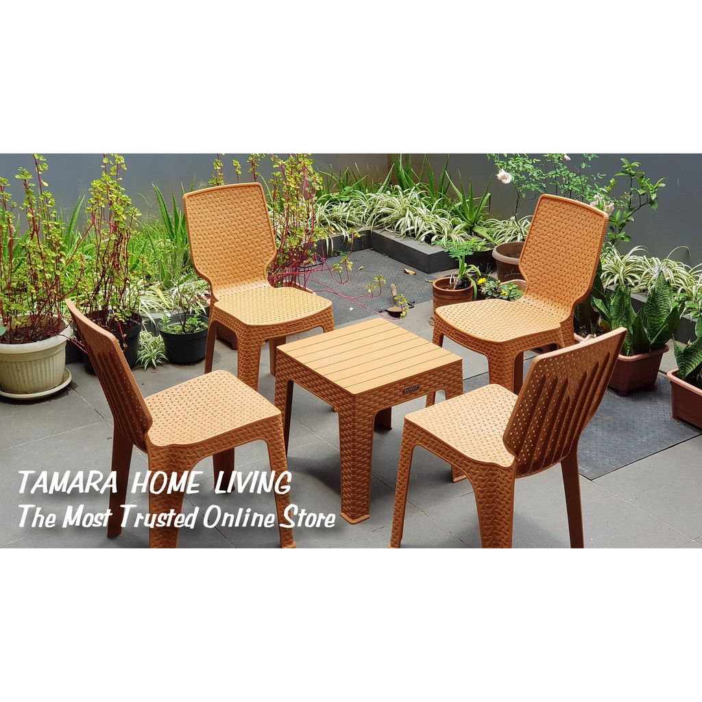 KURSI PLASTIK MEJA TAMAN MINIMALIS MOTIF ANYAMAN ROTAN JATI PAKET SET 4 KURSI SENDER DAN 1 MEJA
