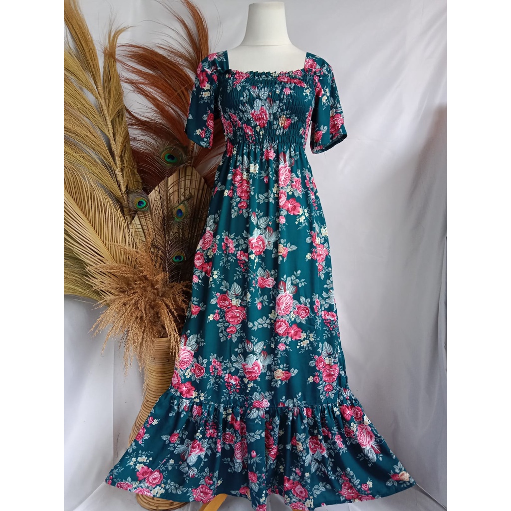 VANESSA REMPEL/ DASTER KERUT DADA REMPEL / DASTER SMOK-TWIG ROSE HIJAU TUA