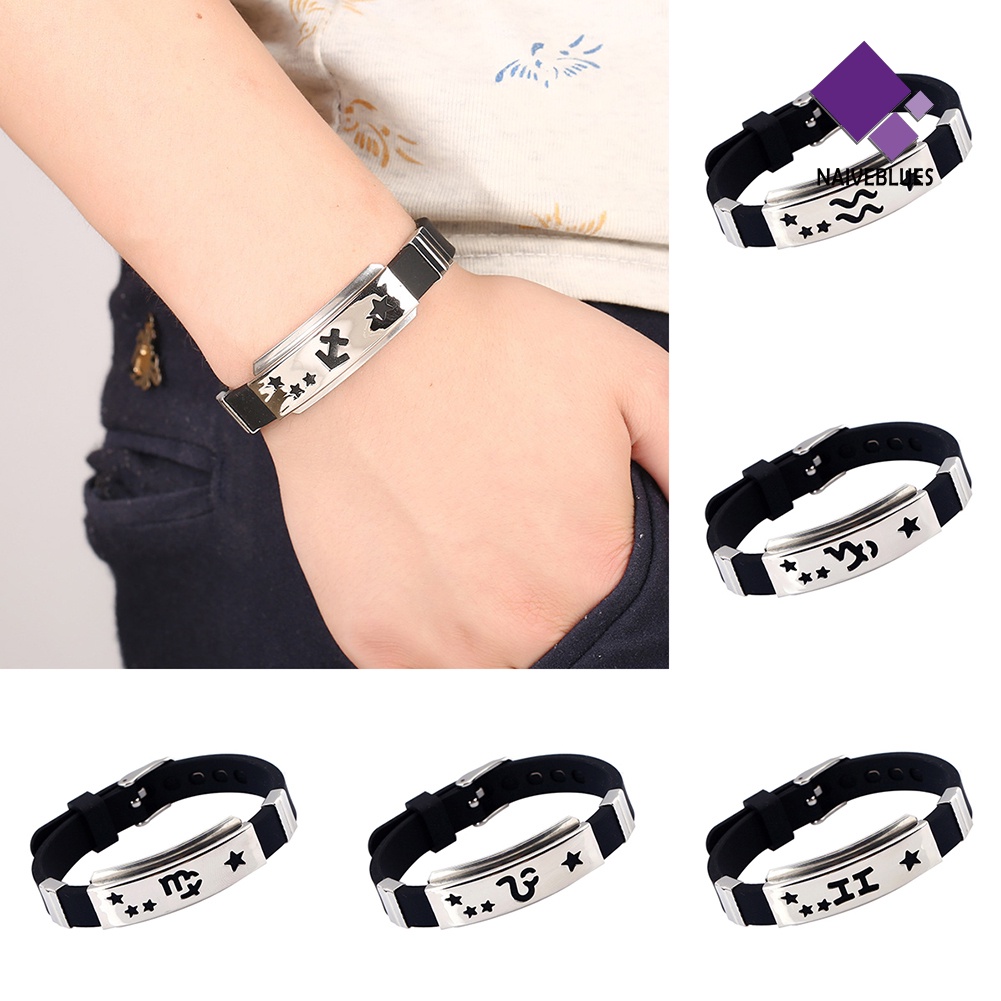 Naiveblue &gt; Gelang Tangan Silikon + Stainless Steel Motif Horoskop Untuk Pria