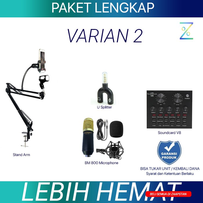 PAKET MIC STREAMING KARAOKE RECORDING, Mic BM 800, Pop Filter, Arm Stand, Holder HP, V8 Soundcard