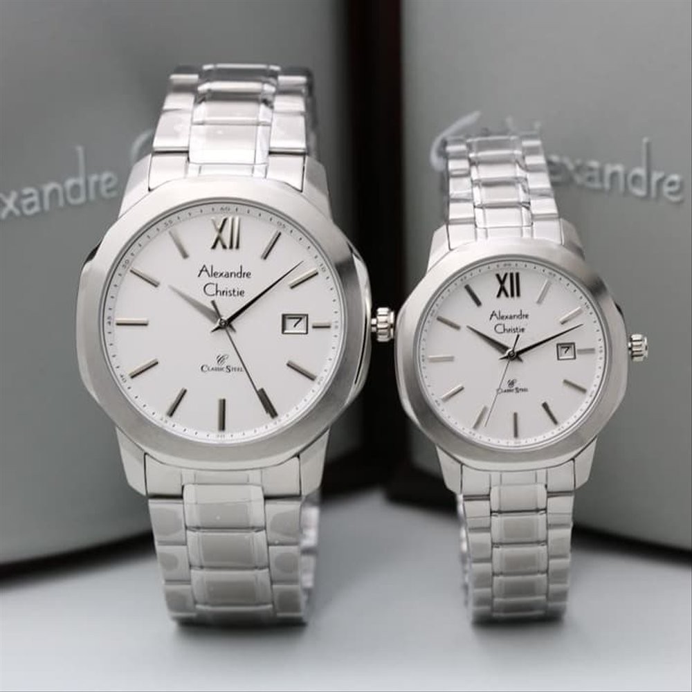 Unik Jam Tangan Alexandre Christie Ac 8619 Silver Sepasang Original Terlaris Diskon