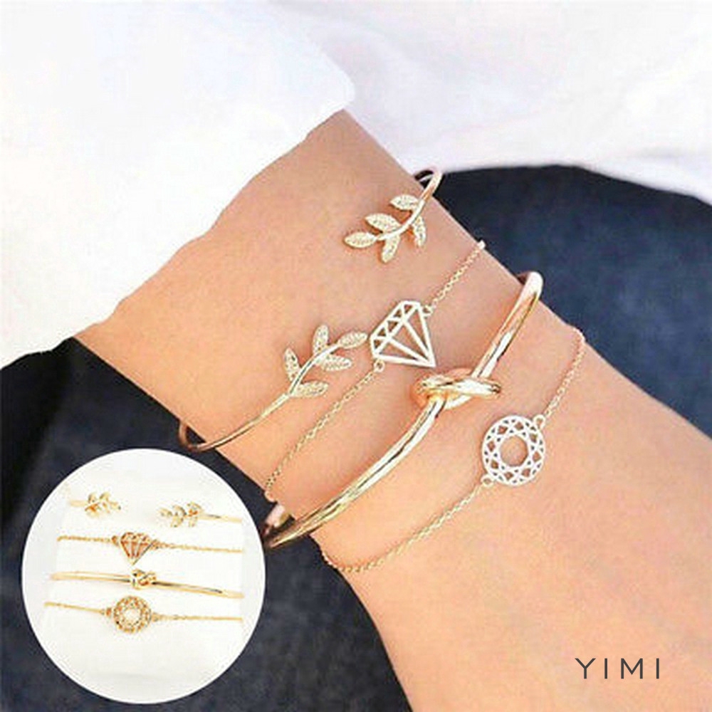 Yimi 4 Pcs Set Gelang  Tangan  Motif  Daun Hollow Aksen 