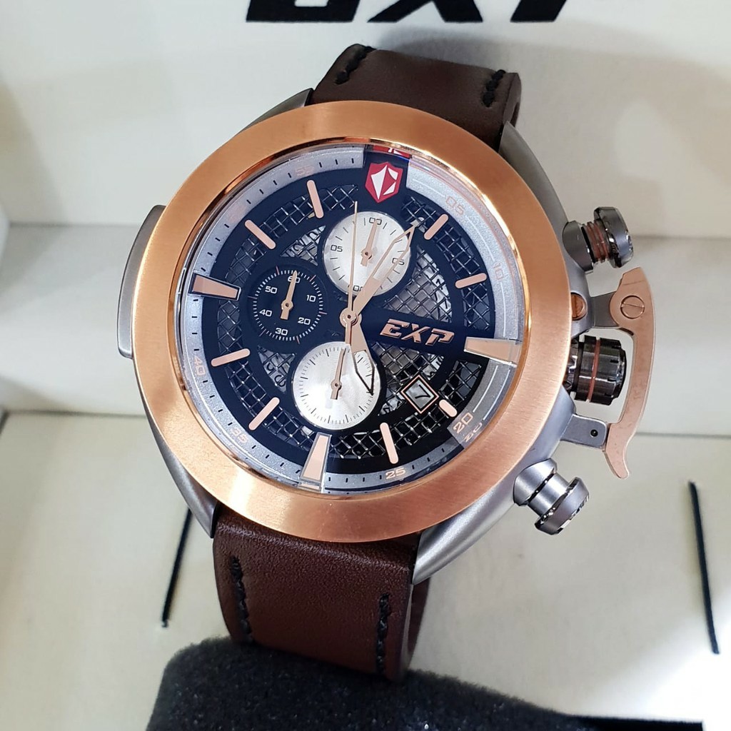 Jam Tangan Original Expedition E 3001 pria tali kulit coklat rose gold
