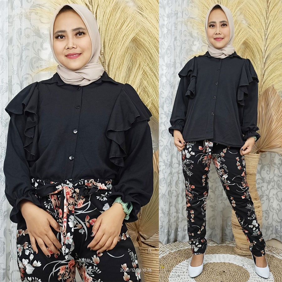 SETELAN MELISSA BAJU BUSUI DAN CELANA BUNGA TALI IKAT PINGGANG GL FASHION