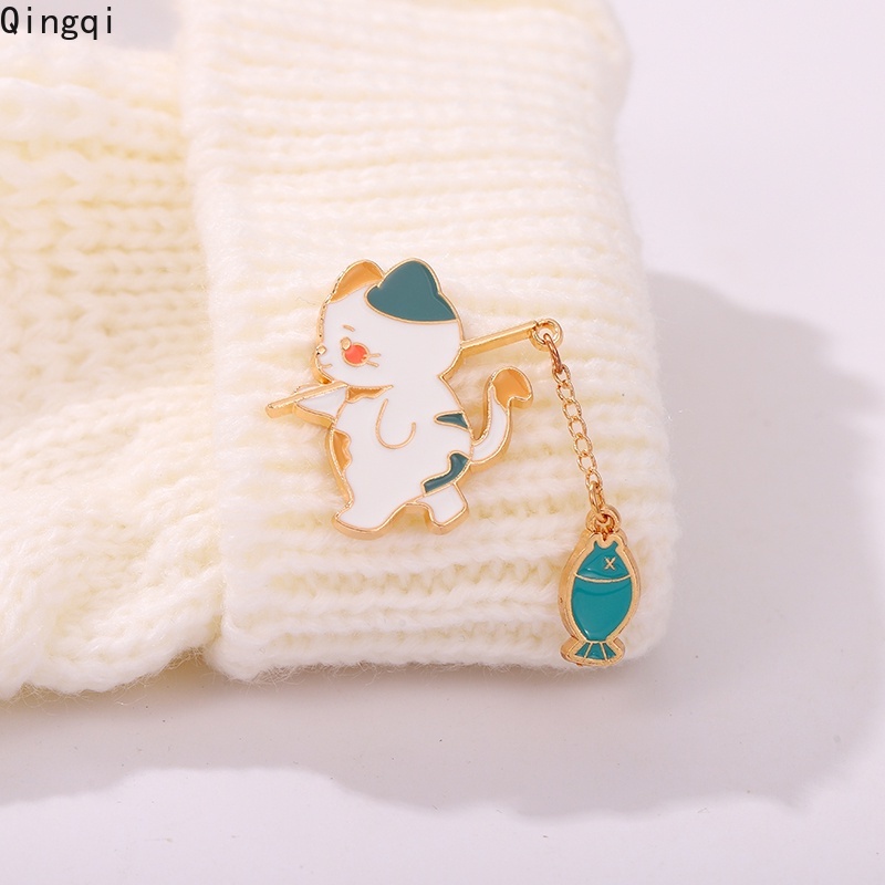 Bros Pin Bentuk Kartun Kucing Memancing Dengan Rantai Bahan Logam Untuk Hadiah Anak