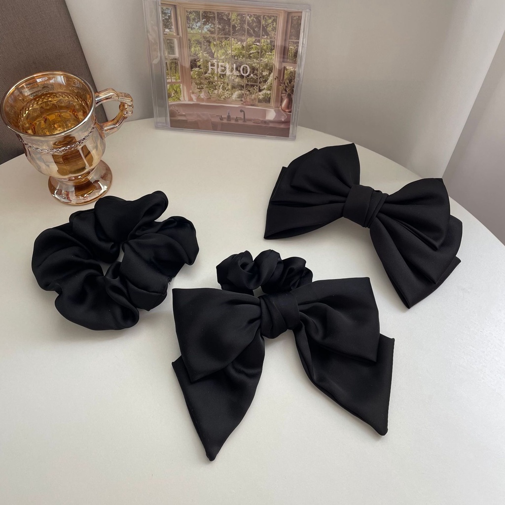 BLACK BOW FRENCH SCRUNCHIE WARNA POLOS HITAM ikat rambut elastis kain pita tebal aksesoris korea elegan pattern korean elegant high end elastic hair band ties accessories cotton thick thin big premium import black white basic scrunchies