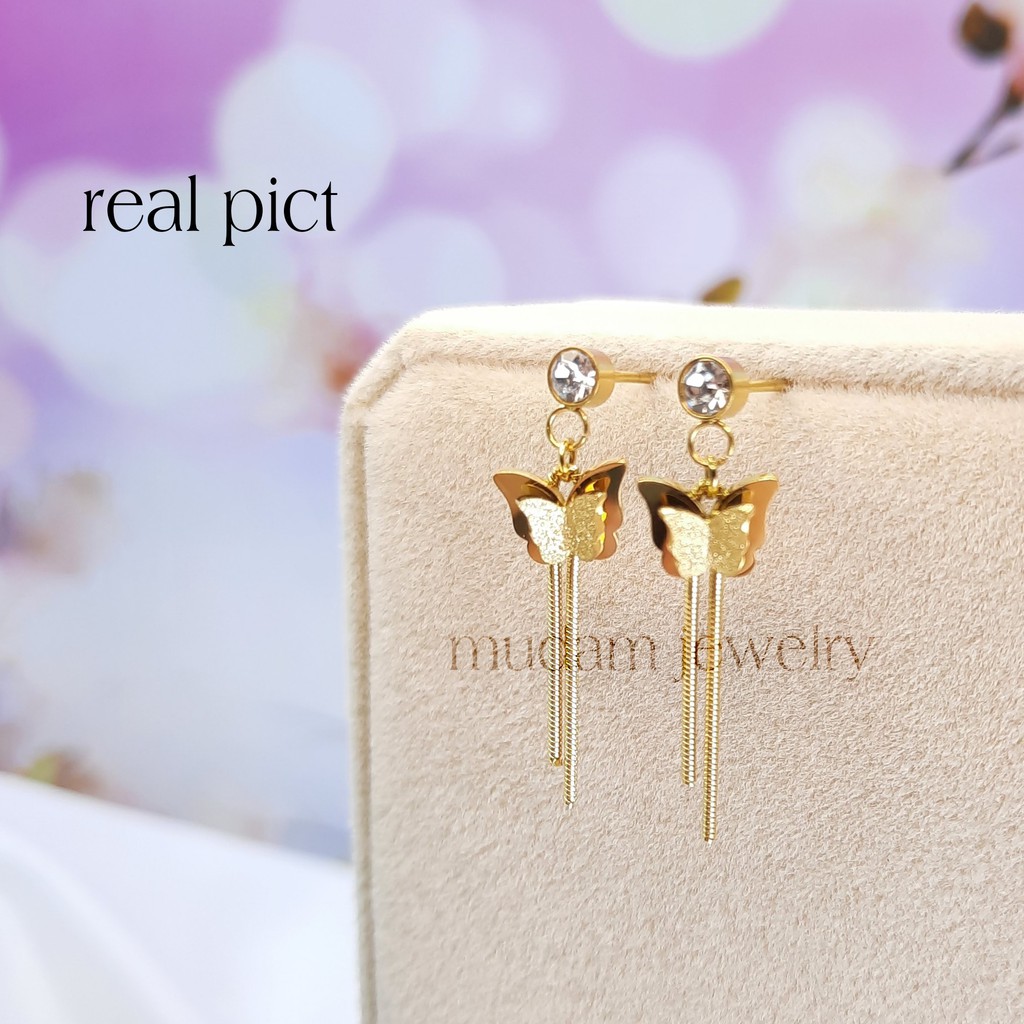 Anting Tusuk Titanium Kupu - Kupu Kecil Jurai Dengan Diamond Artifisial Warna Rose Gold, Gold dan Silver