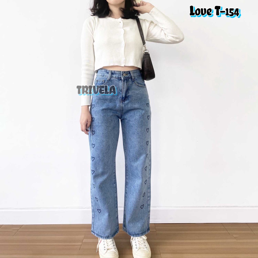 Korea Love Jeans / Celana Jeans Panjang Model Longgar / Jeans Motif Love / High Waist Gaya Korea / Kulot Loose Love / t154