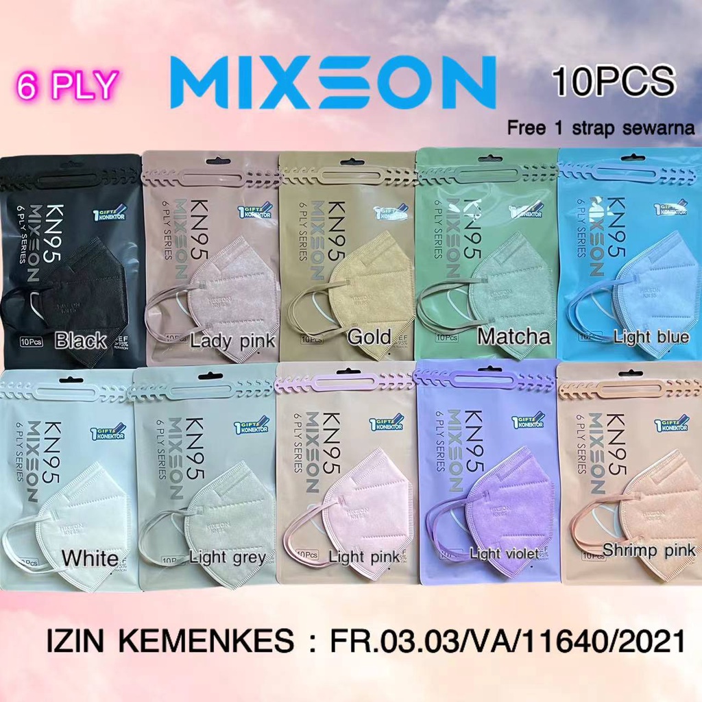 Masker KN95 MIXSON 6 PLY ORIGINAL isi 10pcs + free konektor strap