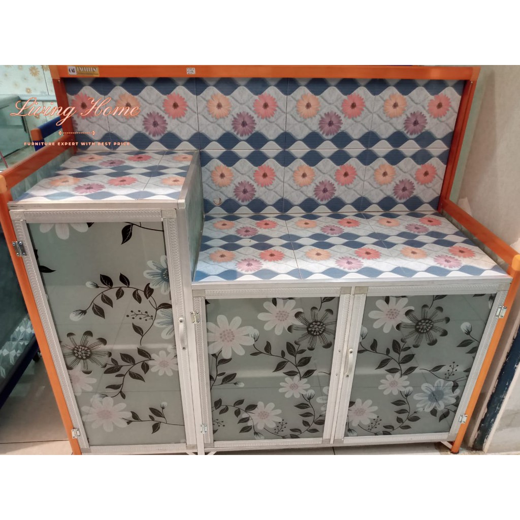Meja Kompor 3 Pintu Lemari Dapur Keramik Rak Piring Gelas Magic com Aluminium Kaca