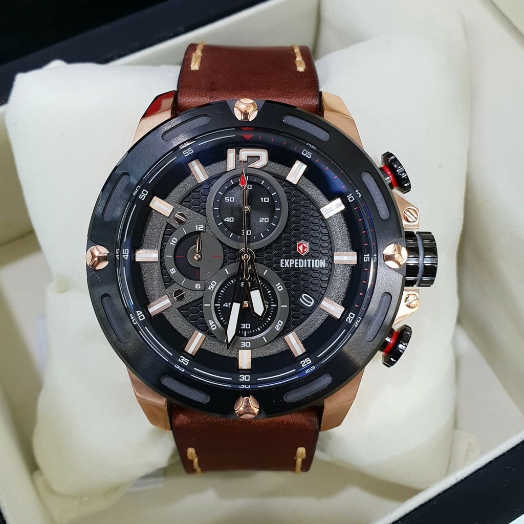 E Jam Tangan Original Expedition E 6780 pria tali kulit  coklat rosegold