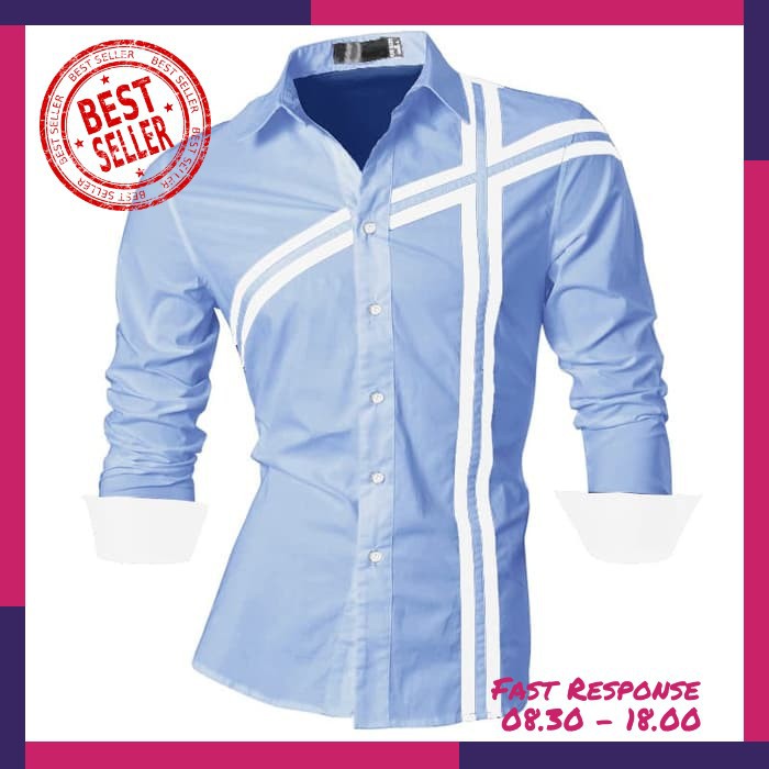 [Domino Royal Blue Sc] Kemeja Pria Katun Strecth Biru Muda