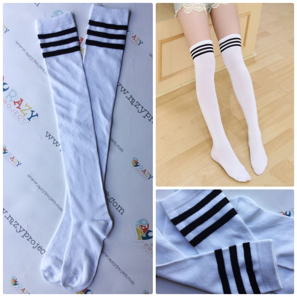 Jual Over Knee Overknee Kaos Kaki Panjang Sepaha Cosplay 3 Stripes Thick Tebal White Putih Black 