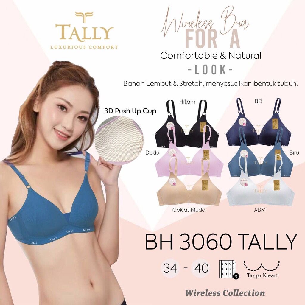 NEW !! TALLY Bra Tanpa Kawat Bahan Licin Busa Tipis Kait 3 Cup B Bh Harian Nyaman BH 3060 Polos  | BH TALLY BARU - SIZE 36 38 40 - CUP B - ARA98STORE