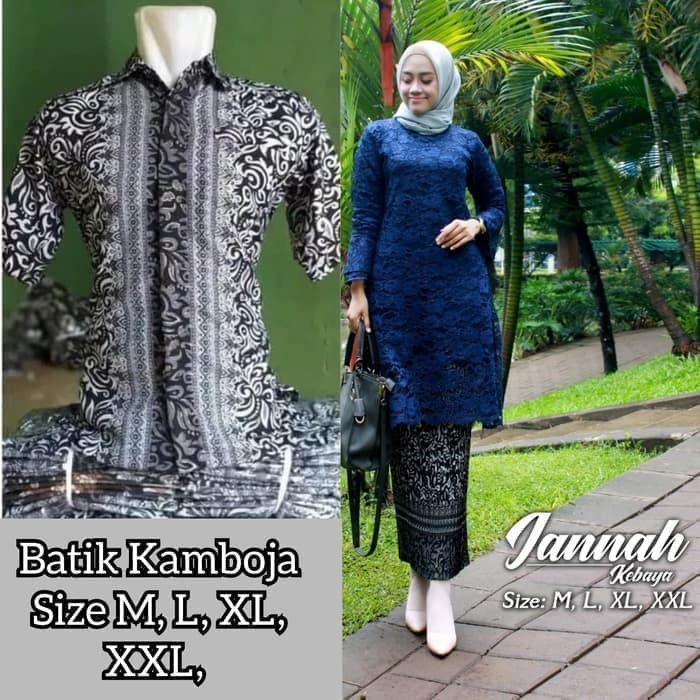 Couple Kebaya Brukat Warna Navy Kemeja Cacing Silver / Couple Modern