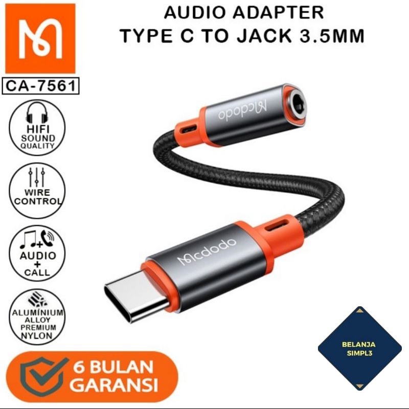 Converter Splitter Type C Mcdodo CA 7560 to Jack 3.5mm Music + Call + Volume CA-7561 Lite Ipad Pro m
