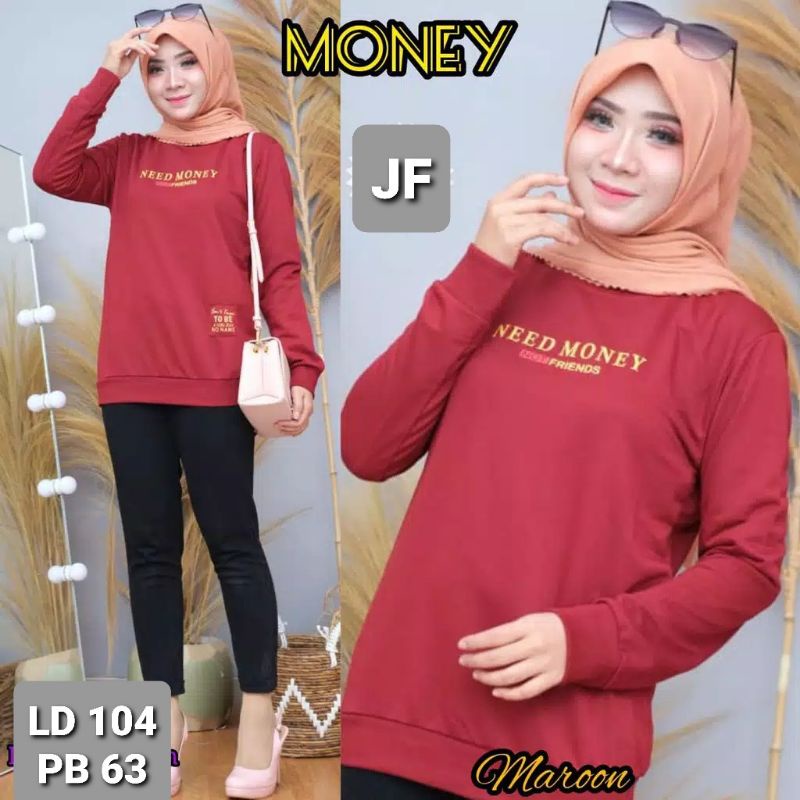 JF Atasan Kaos Lengan Panjang Wanita /  Sweater Babyterry Wanita Muslimah Terbaru MONEY