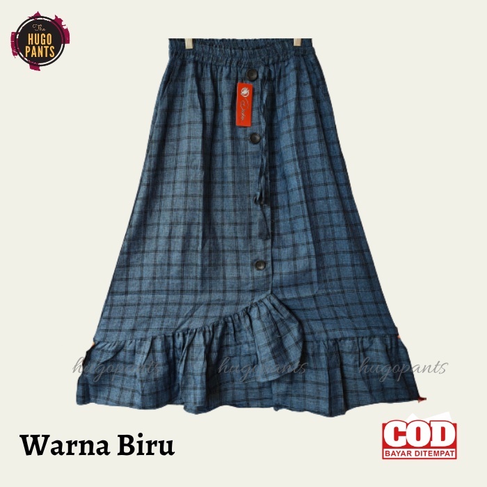 ROK TARTAN PANJANG REMPEL JUMBO KANCING DEPAN WANITA BAHAN SEMI WOLL PAKAIAN WANITA KEKINIAN-BIRU