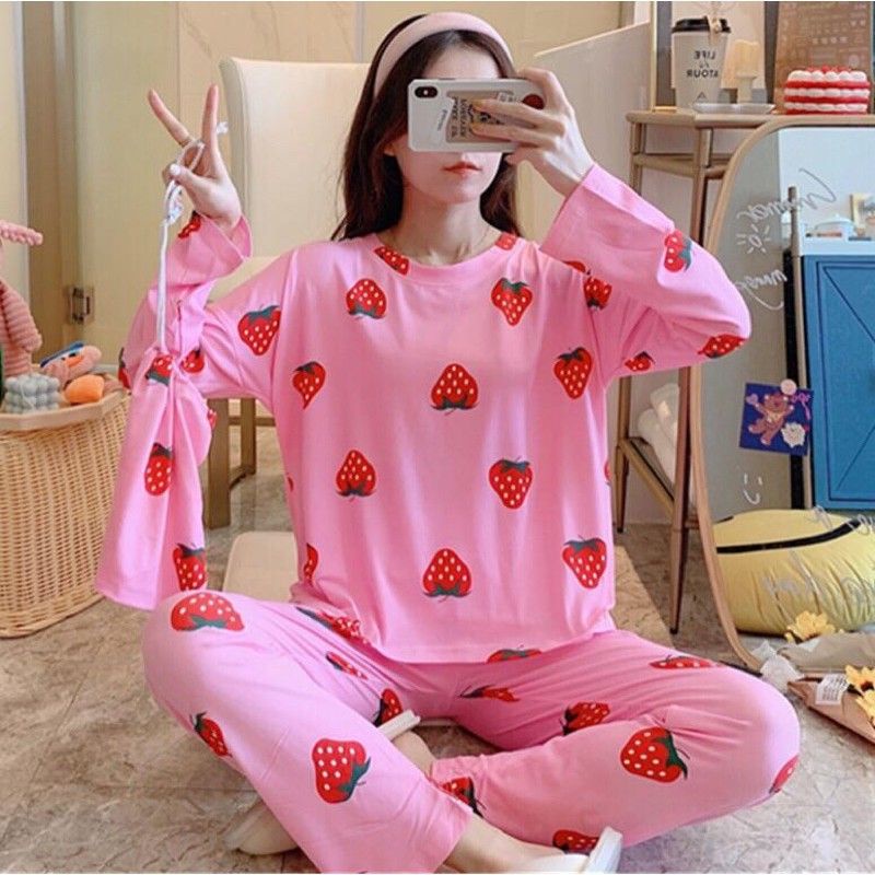 Baju Tidur import PP Oversize FREE POUCH / Cottonbells Import Baju Tisur Wanita Pink Strawberry Long