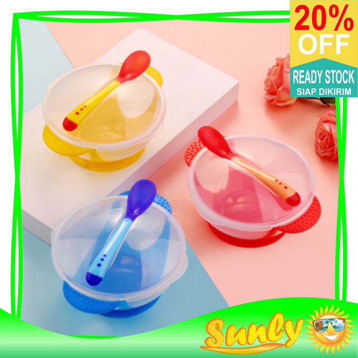 ☀ Sunly ☀ A113 Mangkok Sensor Panas Anti Tumpah Bayi Anti Slip Sendok Tutup Makan Import Premium