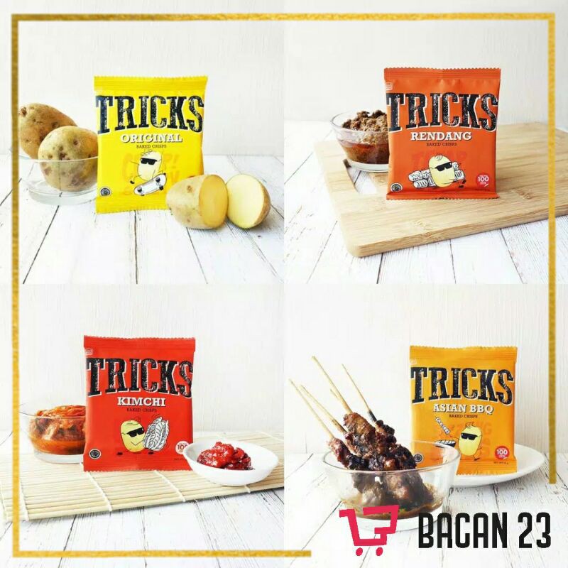 Tricks Crisps (10x18gr) - (Original-BBQ-Bulgogi-Kimchi-Rendang) - Snack Kentang / Bacan23 - Bacan 23