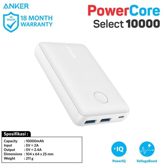 POWERBANK ANKER POWERCORE SELECT 10000MAH BLACK - A1223 - PUTIH
