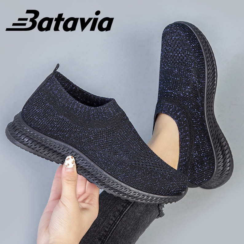 Batavia Merah Jambu sepatu kanvas wanita rajut sepatu wanita sepatu tanpa tali hitam Sepatu Wanita Sport Women Sneakers A117-A117 BLACK