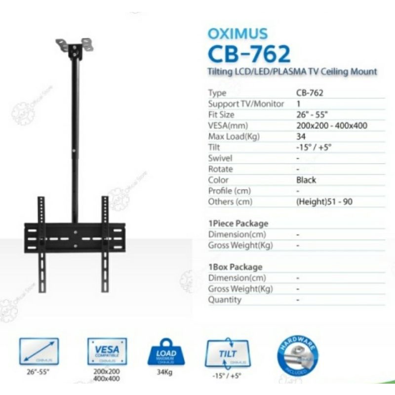 Bracket TV Ceiling Breket Gantung Plafon Oximus Model CB762 26&quot;-55&quot; Tilt Swivel Bisa 6 Arah Kualitas Import