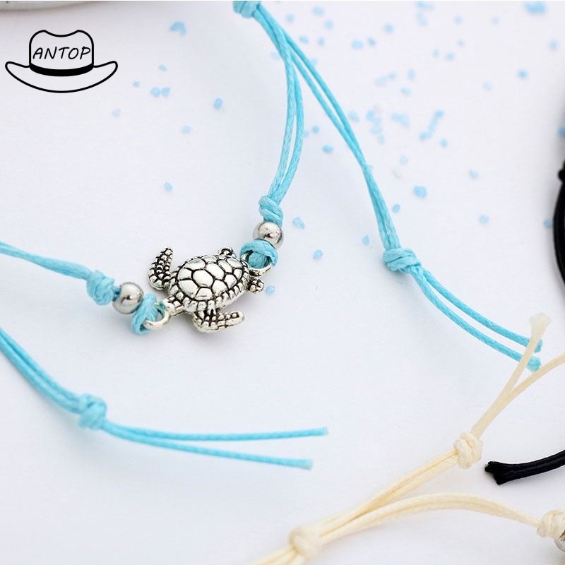 Gelang kura-kura tali rami antik, Buatan tangan anyaman perak, Gelang kura-kura kuno, Grosir gelang hitam polos ANTOP