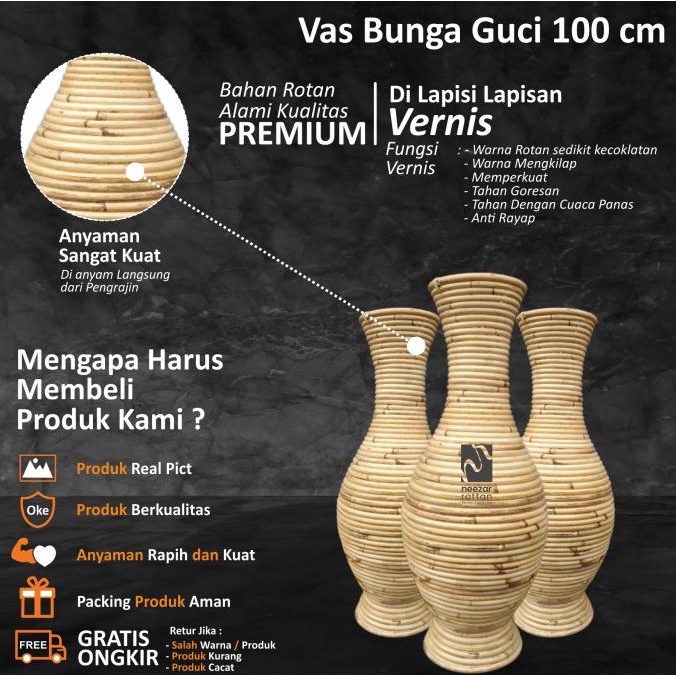 Vas Pot Guci Tempat Bunga dari rotan tinggi 100 cm