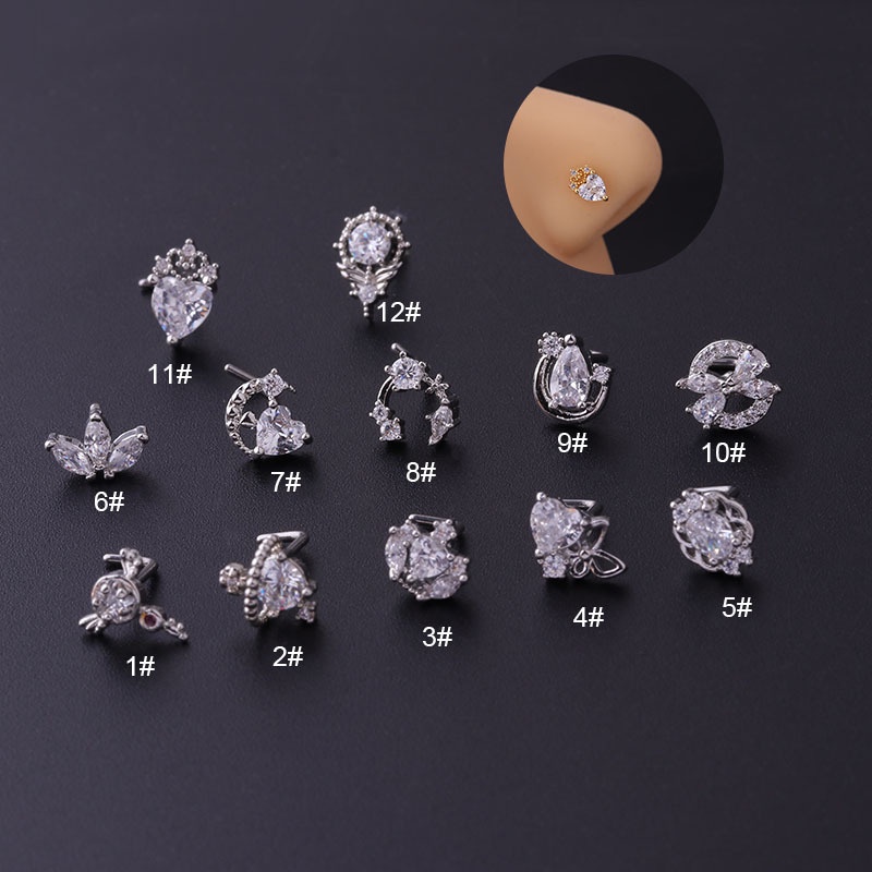 1pc Anting Tindik Hidung Bentuk L Desain Hatimahkotaplanet Bahan Stainless Steel Hias Zircon 20Gauge