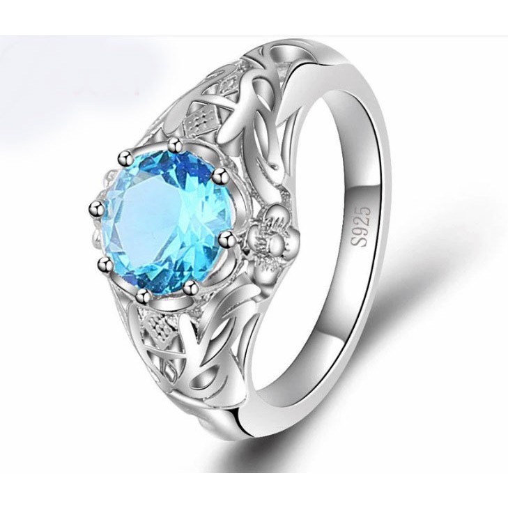 Cincin  Pria Wanita Vintage  Silver 925 Filled Batu Aquamarine Zircon