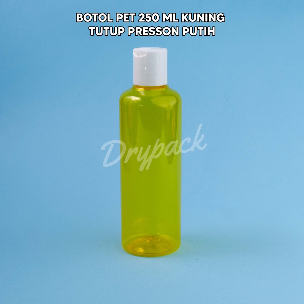 BOTOL PET 250 ML ROUND KUNING TUTUP PRESSON / PRESSTOP / DISCTOP