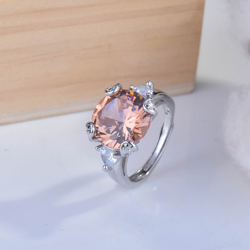 Fancyqube Cincin 925 Silver Bentuk Bulat Aksen Zircon Champagne Untuk Wanita